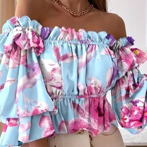 Floral Off-Shoulder Top - Pink and Blue